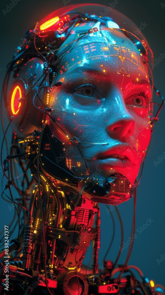 Advanced Cyborg Woman with Futuristic Red and Blue Illuminated Robotic Features. Advanced Cyborg Woman with Futuristic Red and Blue Illuminated Robotic Features.