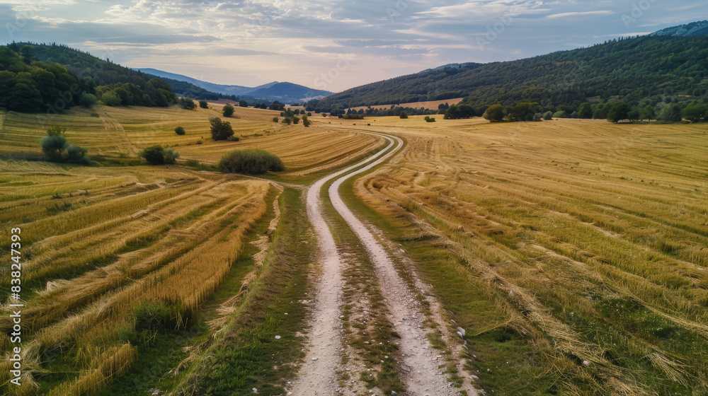 Obraz premium A road cuts through a field of tall grass