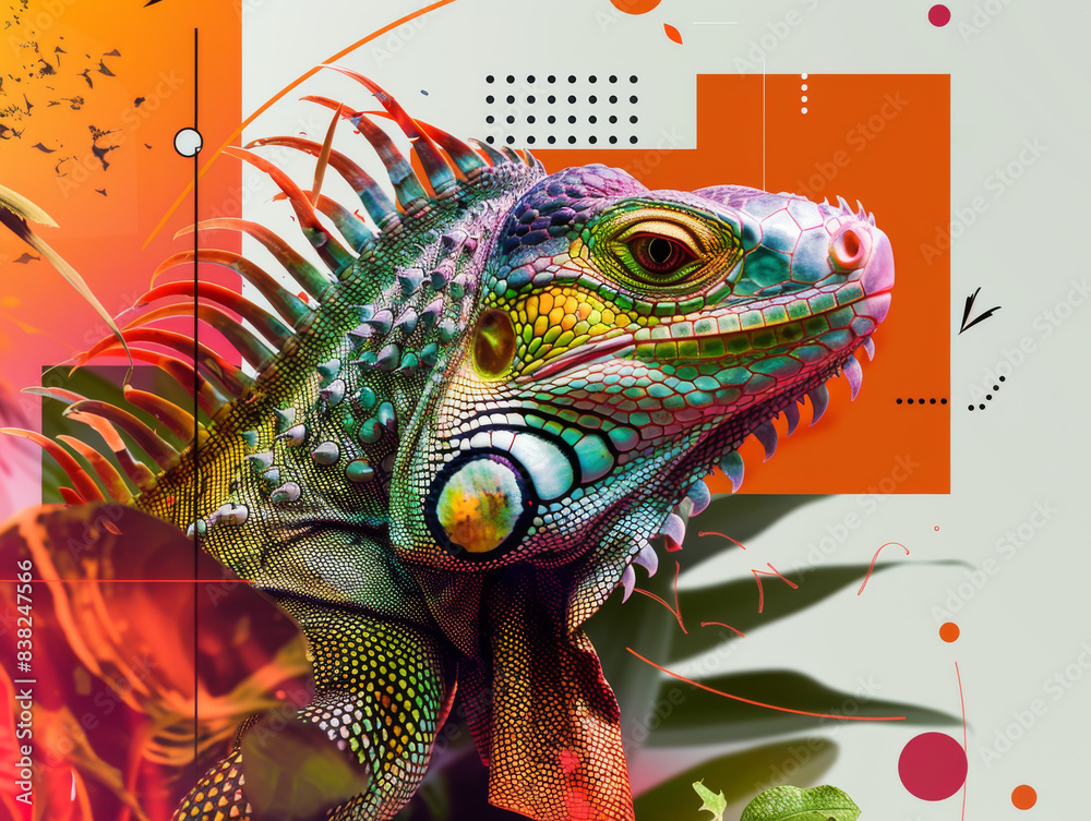 Obraz premium A colorful lizard with a green head and red tail is the main focus of the image