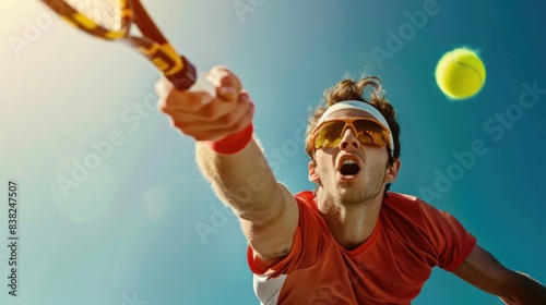 Young adult guy plays tennis on the court. Man stands on sports ground hits yellow tennis ball with a racket against blue sky. Sportsman player at stadium. Training before match.