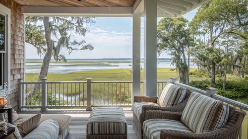 Charming covered porch with striped chairs and ottoman overlooking scenic marshland and Morris Island in Beaumont, South Carolina. Wood-paneled walls and white ceiling with large windows open to ocean photo