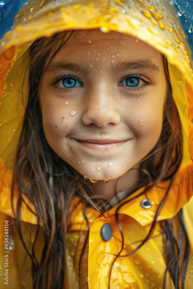 A happy young girl wearing a bright yellow raincoat and smiling directly at the camera A happy young girl wearing a bright yellow raincoat and smiling directly at the camera