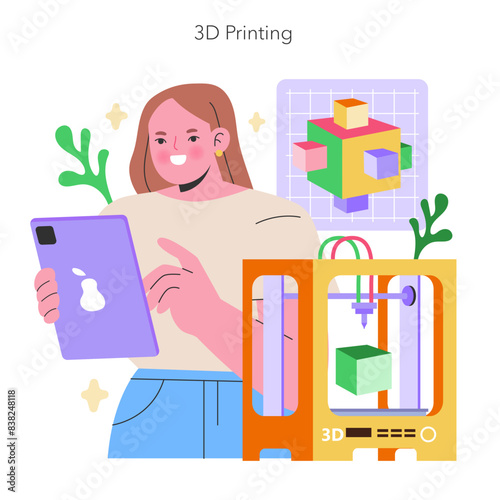 Maker Culture concept Woman with a tablet showcases the innovative process of 3D printing, highlighting the creative potential of modern technology Vector illustration