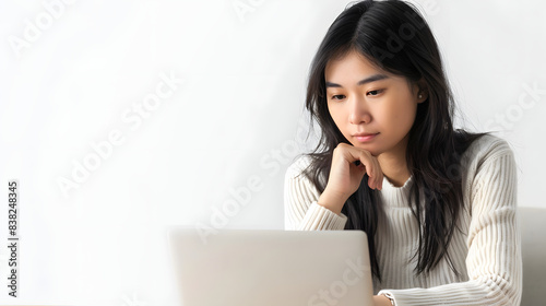 focused young asian businesswoman sitting and remote working on laptop computer in a modern home office. distant workday concept isolated on white background, detailed, png