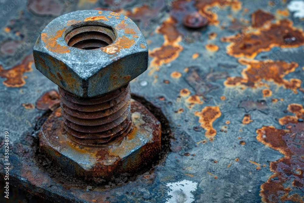 Close-up of a rusty bolt and nut on a corroded surface