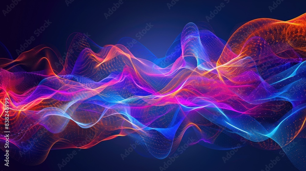 Dynamic graphic waves of light in bright colors, creating flowing patterns on a dark background