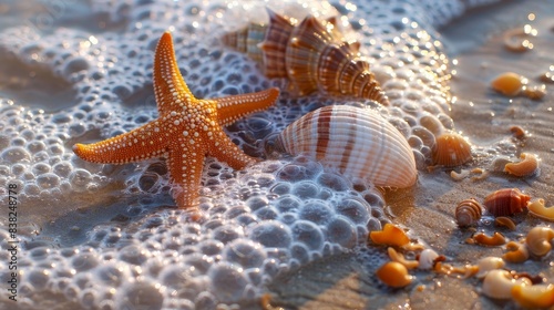A Vibrant Orange Starfish and a Striped Seashell Resting on a Sandy Beach
