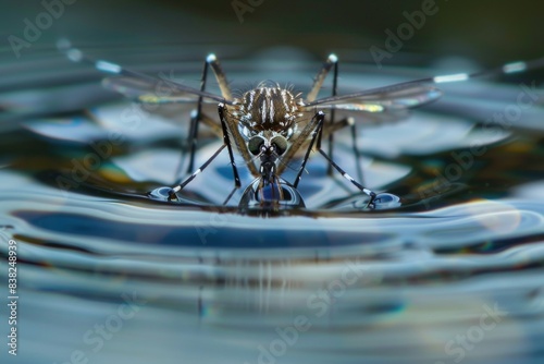 A single mosquito perched on the surface of calm water, ideal for use as a macro or close-up image © Fotograf