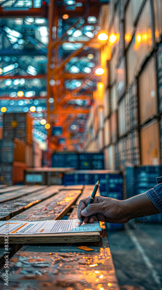 Obraz premium A man is writing on a piece of paper in a warehouse