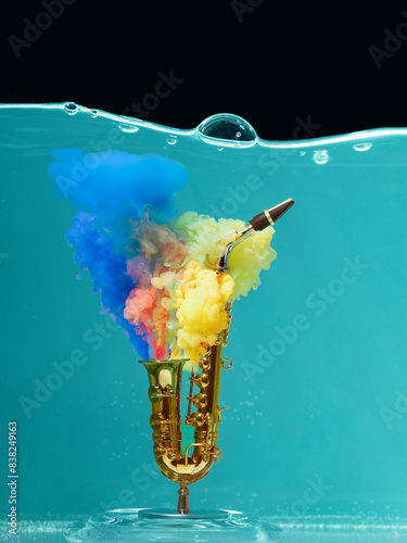 Submerged model of a toy saxophone with acrylic paint dissolving in liquid