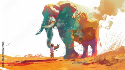 The child meets gentle giants who help them cross a vast, enchanted desert by carrying them on their shoulders, sharing stories and songs along the way. photo