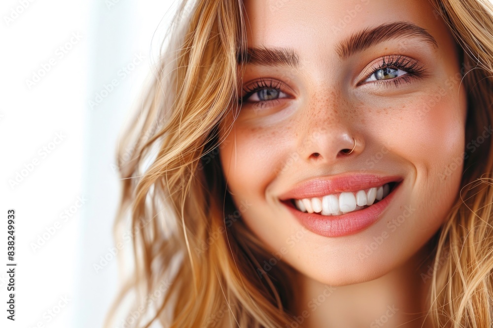 Close-up portrait of a woman with distinctive freckles on her face, suitable for beauty or lifestyle concepts Close-up portrait of a woman with distinctive freckles on her face, suitable for beauty or lifestyle concepts
