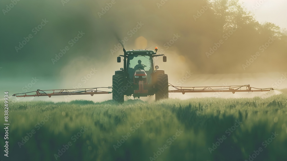 Fototapeta premium Agricultural Tractor Spraying Pesticides Crop Field Dawn Mist