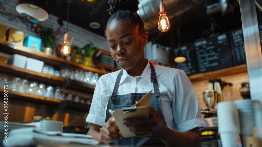 A woman in an apron is preparing food in a kitchen, ideal for use in culinary or hospitality related contexts A woman in an apron is preparing food in a kitchen, ideal for use in culinary or hospitality related contexts
