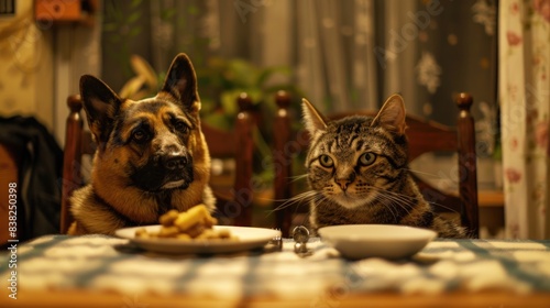 A cat and a dog sitting together at a table © Fotograf