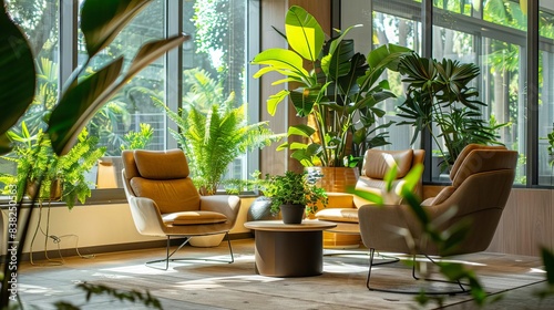 biophilic psychologists office interior elegant modern and ecofriendly therapists office with lush potted plants and comfortable sustainable furniture interior design photography