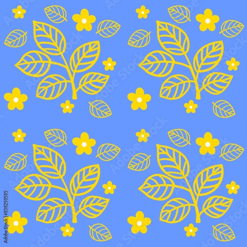 Yellow leafs and flowers seamless pattern with blue background. Design for background, fabric ,wallpaper
,clothing,illustration,paper.