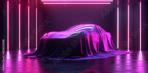 Presentation Of Car Covered with Cloth Illuminated by Violet Neon Lights. 3D rendering.