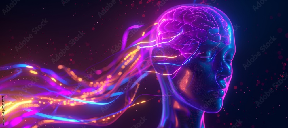 An image of a female cyborg with pink neon lines, futuristic robotic art, rendered in 3D An image of a female cyborg with pink neon lines, futuristic robotic art, rendered in 3D