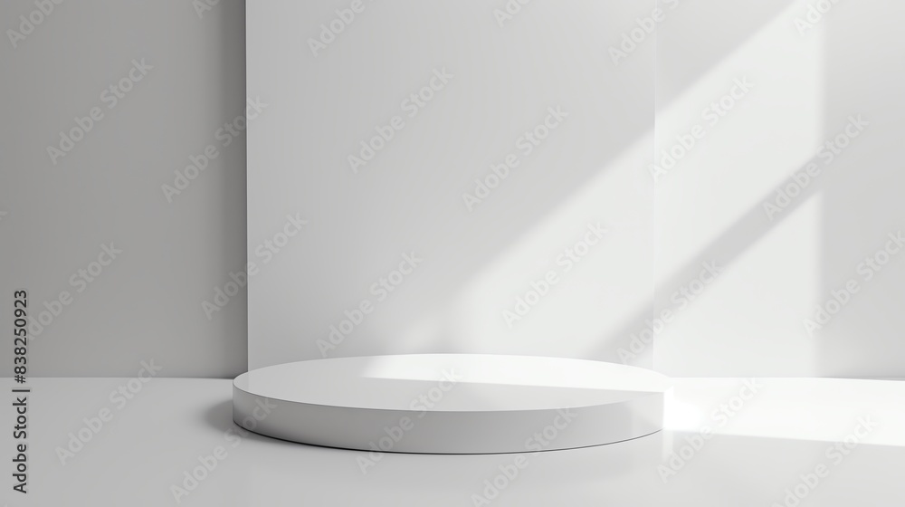 Minimalist white round podium in a bright empty room with geometric shadows. Perfect for showcasing products in a modern and clean setting. Minimalist white round podium in a bright empty room with geometric shadows. Perfect for showcasing products in a modern and clean setting.