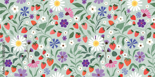 Summer seamless pattern with flowers and red strawberries