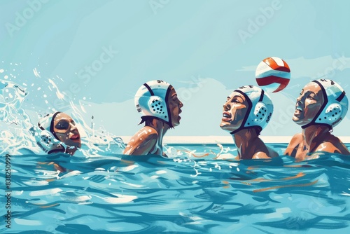 A group of men competing in a game of water polo