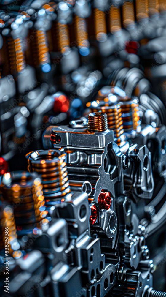 A close up of a bunch of engine parts with a metallic look A close up of a bunch of engine parts with a metallic look