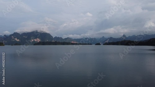 Flying drone over Kao Sok lake Thailand