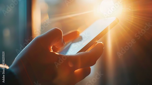 A close-up shot of a person using a smartphone to send a message, with a bright and cozy background. The image captures the moment of digital communication and connectivity
