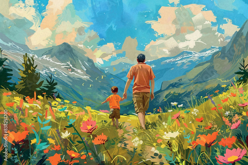 Happy Fathers Day Greetings sunset Background family father and son vector illustration