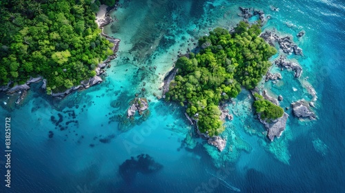 High-angle image of a beautiful island nestled in the ocean  with turquoise waters and lush green foliage