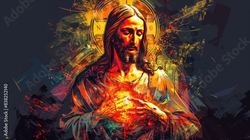 A painting of the sacred heart of Jesus Christ created using oil on canvas