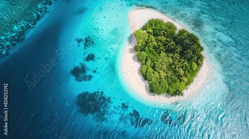 High-angle shot of a beautiful island in the middle of the ocean, with clear blue waters and sandy shores