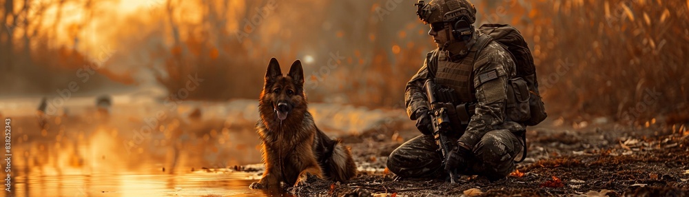 Fototapeta premium Soldier in camouflage with a German Shepherd, realistic, natural colors, outdoor setting, focused and loyal expressions 8K , high-resolution, ultra HD,up32K HD