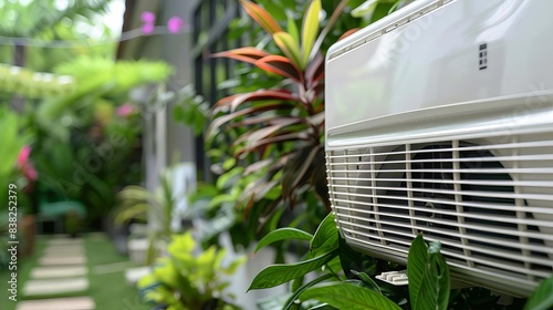 closeup of a ductless split air conditioner unit installed in a lush garden setting modern hvac technology photo