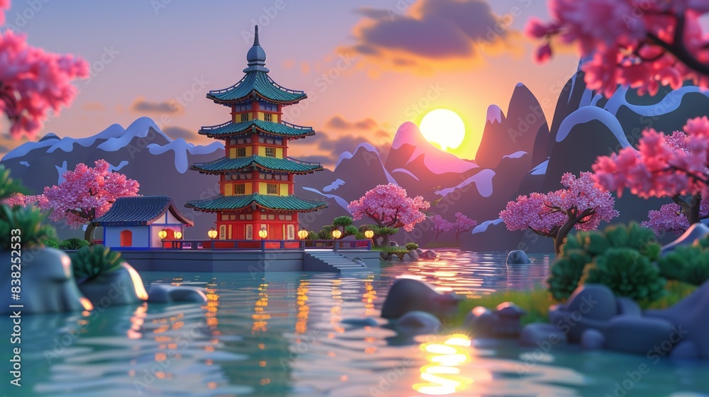 Obraz premium Sunset over a temple with golden reflections on water, warm colors, photorealistic, tranquil and serene scene
