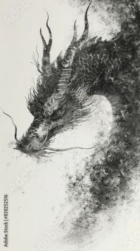 A close-up of a black and white dragon illustration in a traditional Japanese style