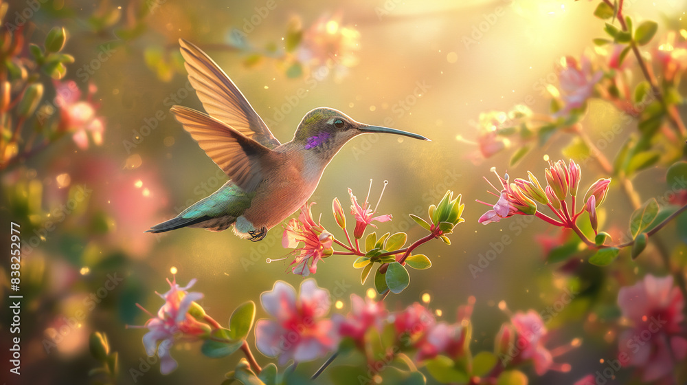 Fototapeta premium Vibrant Flower Hosts Graceful Hummingbird in Close-up Display of Nature's Beauty, Fluttering Elegance Captured in Detailed Shot