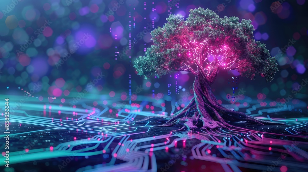 High-tech tree with neon lights and circuit roots, set against a modern ...