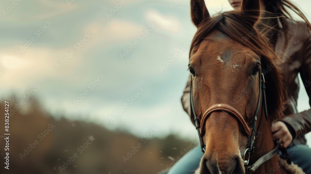 Obraz premium A person sitting on the back of a brown horse, with scenery in the background