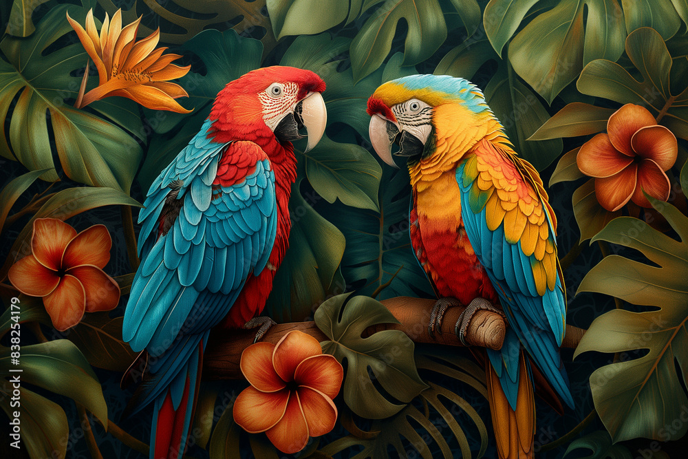 Fototapeta premium Colorful Parrots Perched on Branch Amid Lush Tropical Foliage and Vibrant Flowers, Exotic Jungle Wallpaper Mural Background