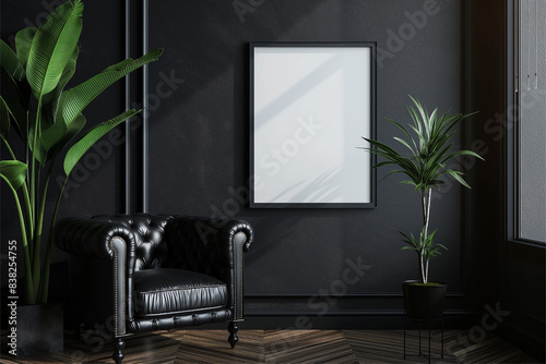 Picture frame mockup in dark tones with leather black armchair and decoration minimal