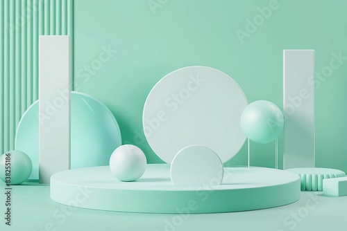 Modeled 3D studio with geometric shapes on the floor and a podium for presenting products. Abstract composition done in a minimalist style.