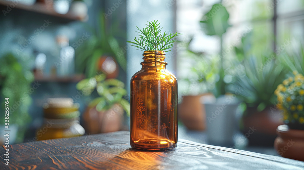 A brown bottle with a plant inside of it sits on a wooden table A brown bottle with a plant inside of it sits on a wooden table