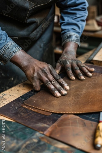 A person works on a piece of leather, focusing on the task at hand