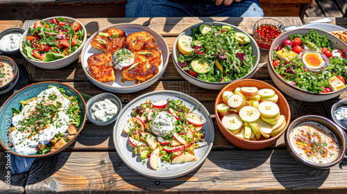 A table full of food with a variety of dishes including salads, fruit