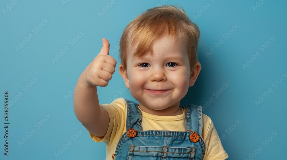 cute toddler giving thumbs up on blue banner background child development concept cute toddler giving thumbs up on blue banner background child development concept