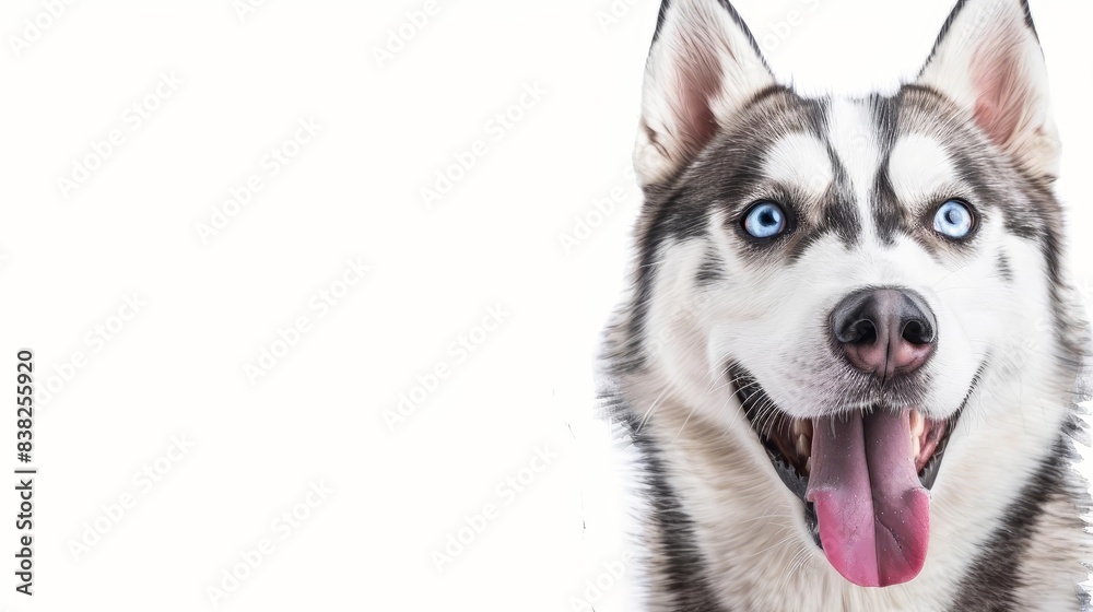 cute siberian husky dog portrait with blue eyes and tongue out smiling on white background pet photography cute siberian husky dog portrait with blue eyes and tongue out smiling on white background pet photography