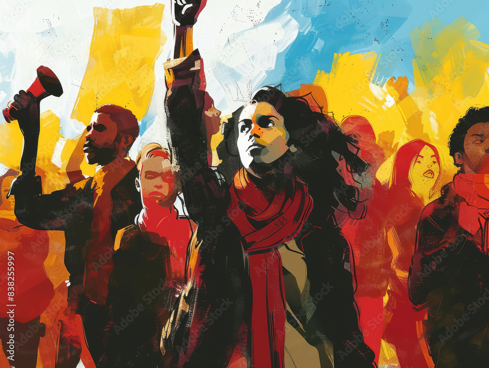 Fototapeta premium A painting of a crowd of people with a woman in the middle holding a sign