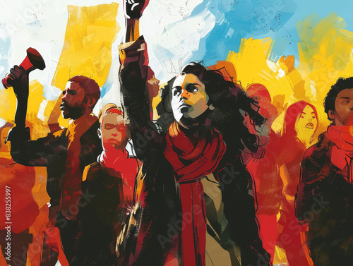 A painting of a crowd of people with a woman in the middle holding a sign